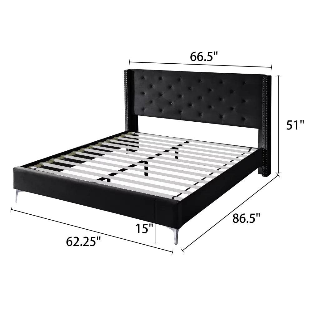 Wood Platform Bed Frame with Upholstered Headboard Queen Black O1703