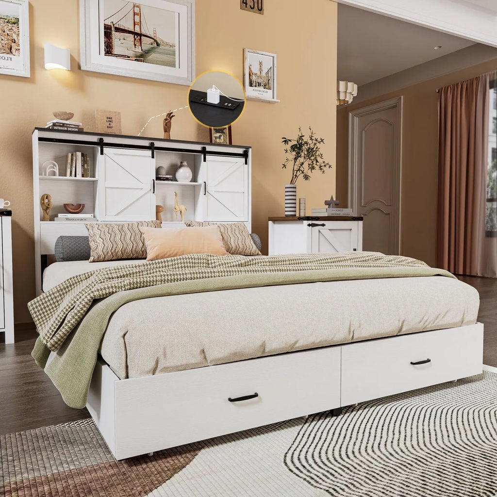Queen Size Wooden Platform Bed Frame with Bookcase Headboard Storage K83850