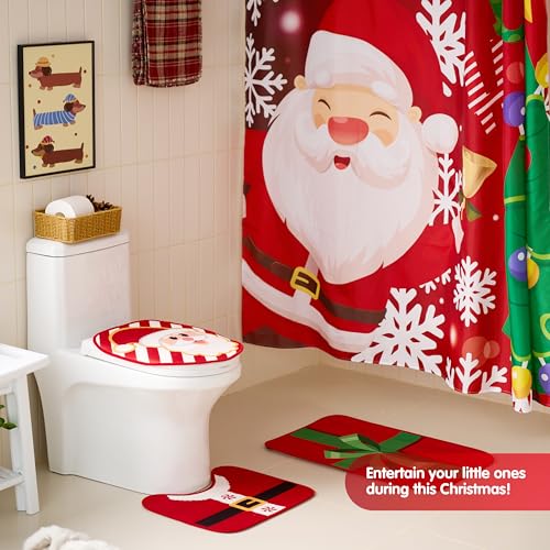 4 Pcs Christmas Bathroom Set with Shower Curtain, Bath Mat, Toilet Lid Cover, Rug & Hooks M478314