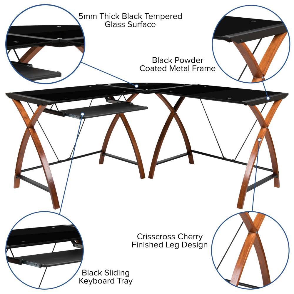 Glass L-Shape Desk with Pull-Out Keyboard Tray S995251