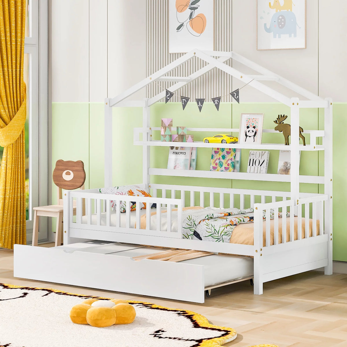 Gray Wood Twin House Bed with Trundle C228