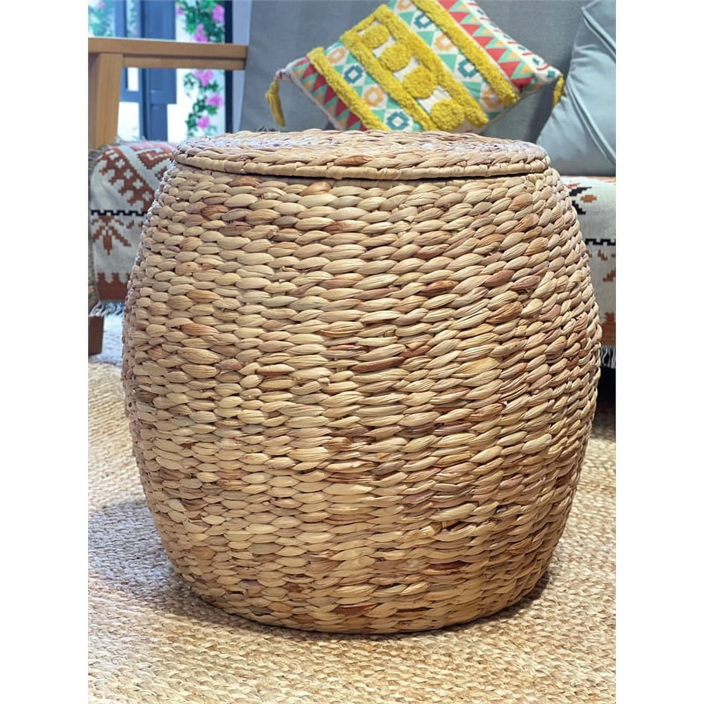 Beige Wicker Rattan Storage Ottoman Basket with Lid R754133