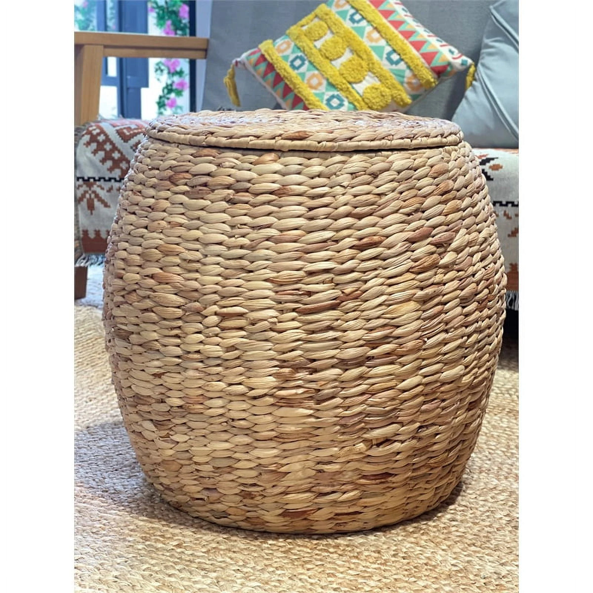 Beige Wicker Rattan Storage Ottoman Basket with Lid R754133