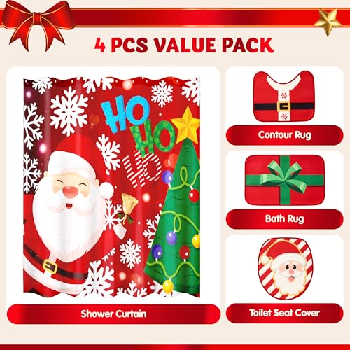 4 Pcs Christmas Bathroom Set with Shower Curtain, Bath Mat, Toilet Lid Cover, Rug & Hooks M478314