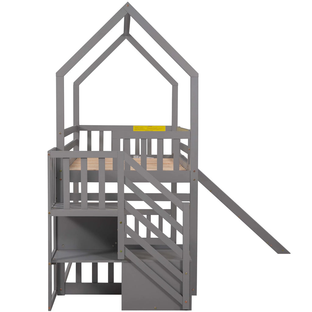 Gray Wooden Twin Over Twin Bunk Bed with Slide and Stairs G148