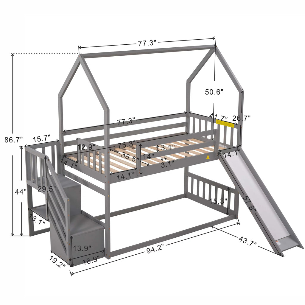 Gray Wooden Twin Over Twin Bunk Bed with Slide and Stairs G148