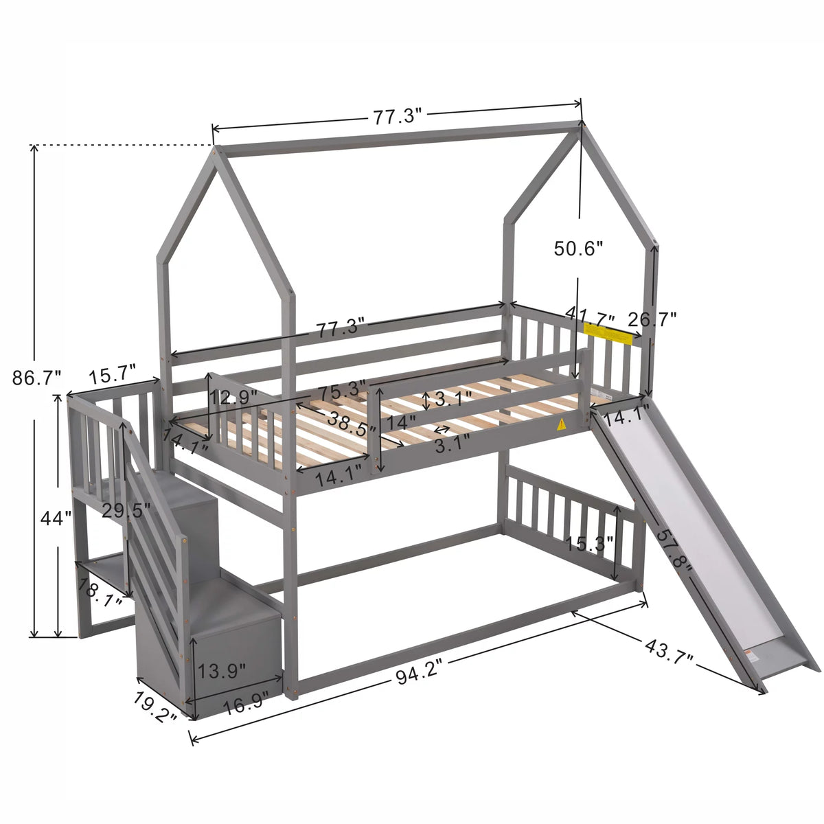 Gray Wooden Twin Over Twin Bunk Bed with Slide and Stairs G148