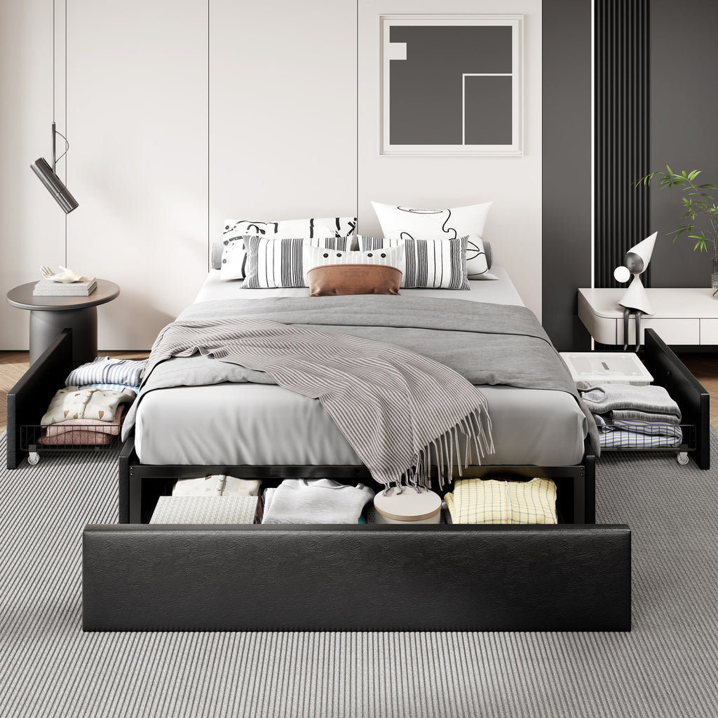 Dark Grey Queen Size Platform Bed Frame with 3 Storage Drawers V894263