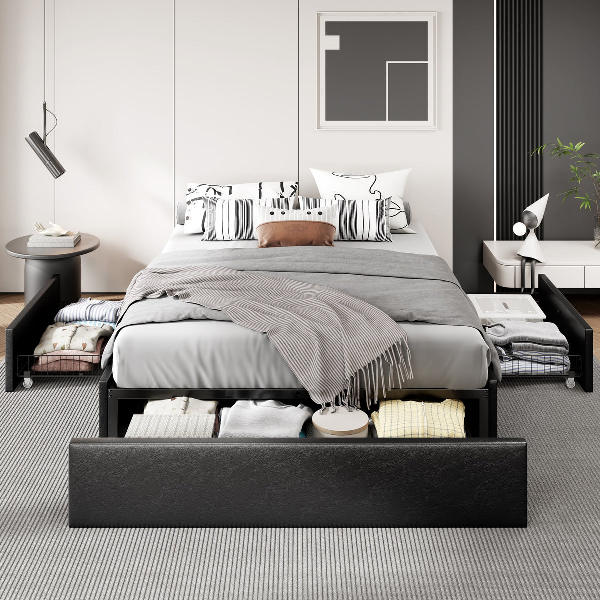 Dark Grey Queen Size Platform Bed Frame with 3 Storage Drawers V894263