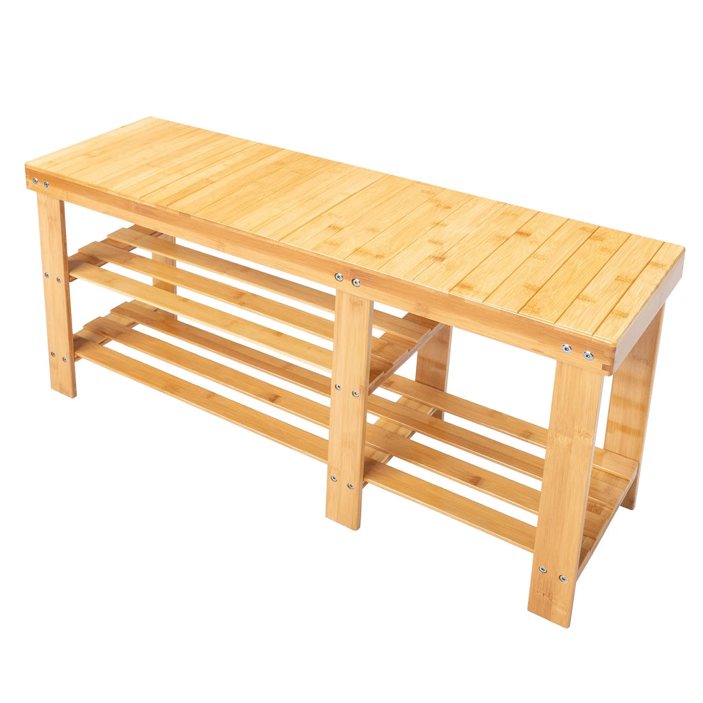 Natural Bamboo Entryway Storage Bench with 3-Tier Shoe Shelf P7244