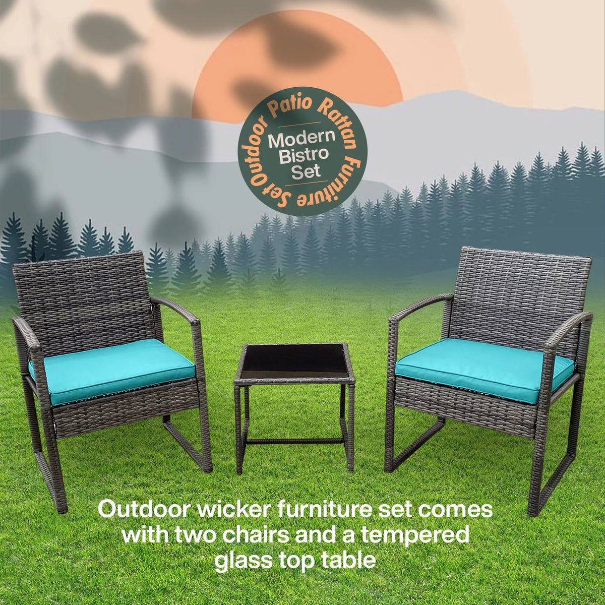 3-Piece Rattan Outdoor Furniture Set with Glass Coffee Table I539463