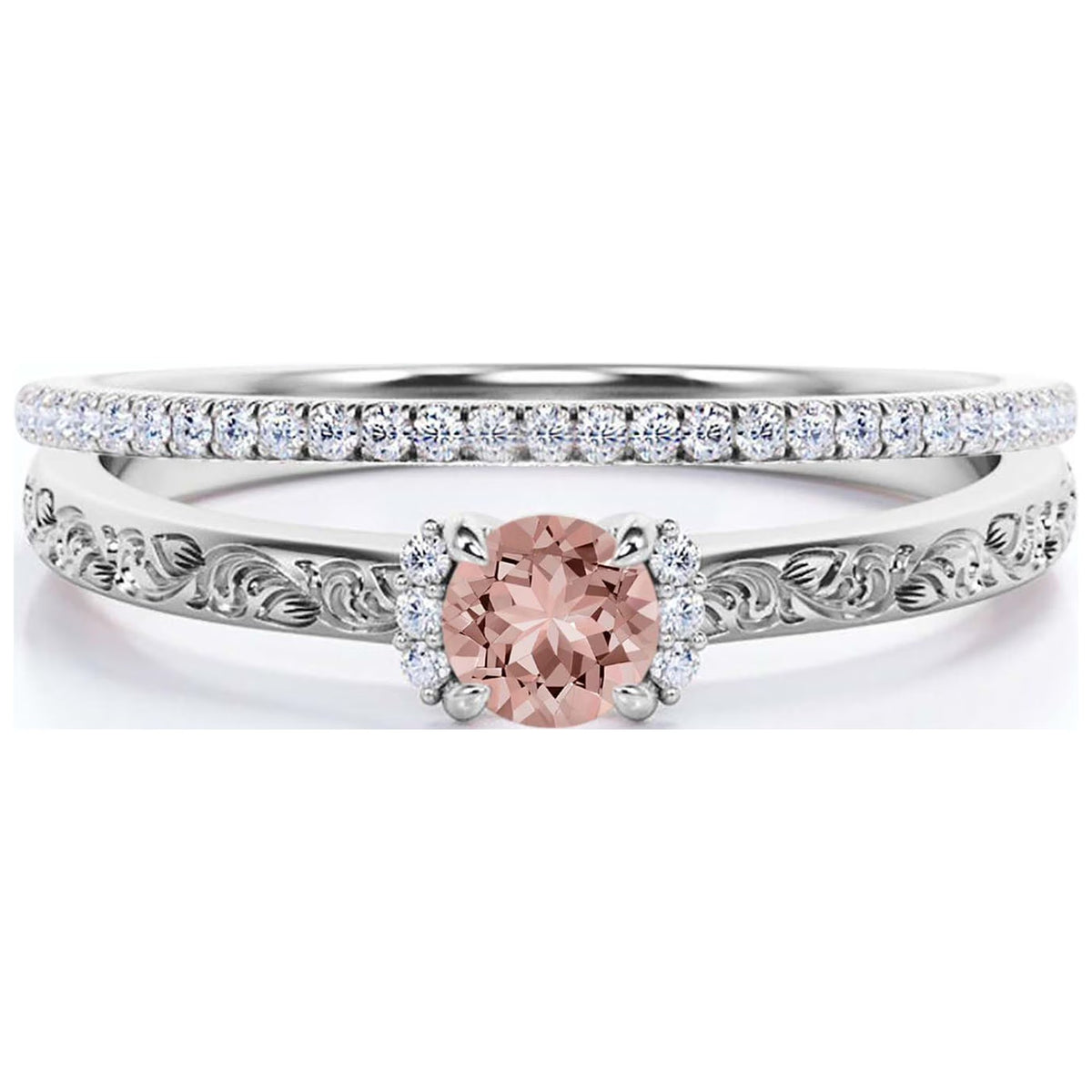 1.25 Carat Round Cut Morganite And Diamond Moissanite Engagement Ring in 10k Solid White Gold N710612