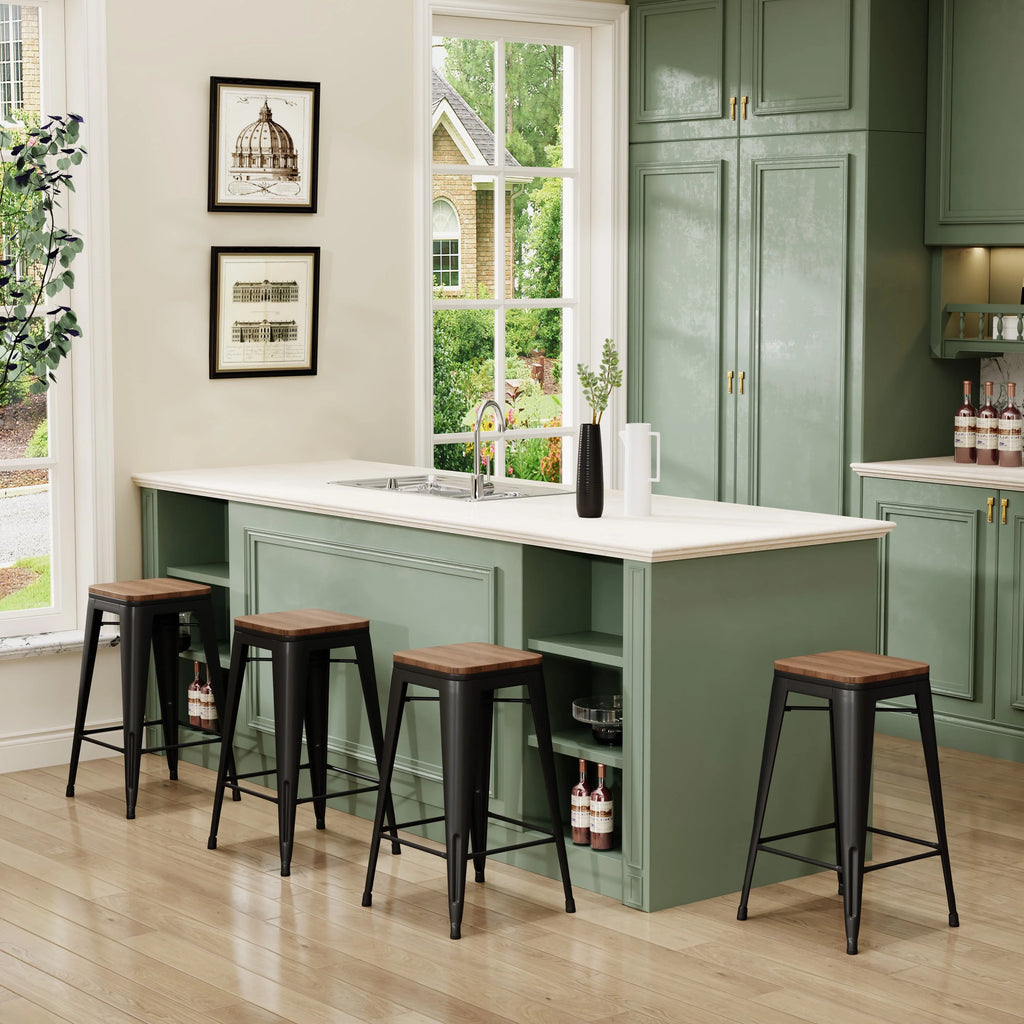 Set of 4 Metal Bar Stools Wood Seat Backless Z140