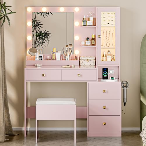 White Vanity Desk with Mirror and Lights, 5 Drawers and Chair T977