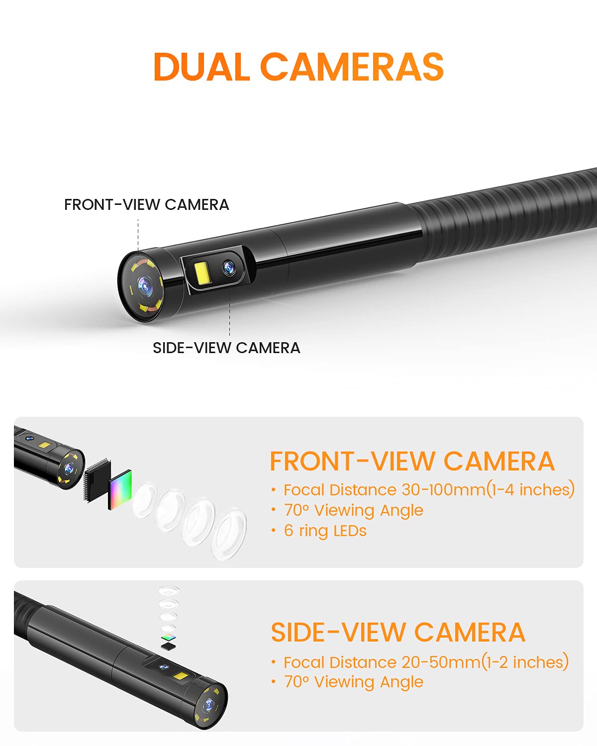 Dual Lens Inspection Camera with 5 IPS Screen, 16.4ft Flexible Probe, 1080p B4586