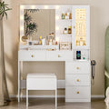 White Vanity Desk with Mirror and Lights, 5 Drawers and Chair T977