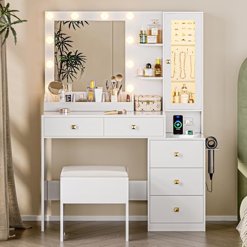 White Vanity Desk with Mirror and Lights, 5 Drawers and Chair T977