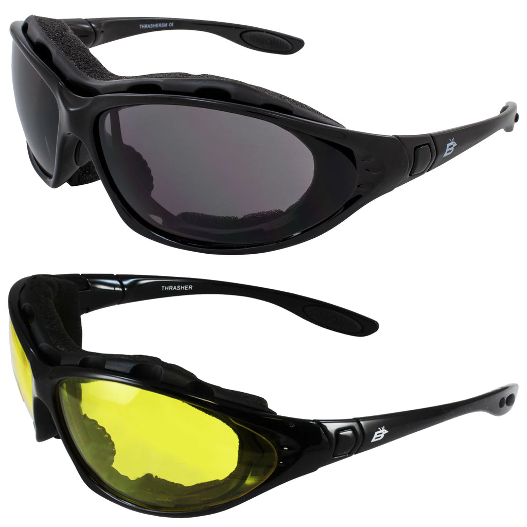 2 Pairs Padded Motorcycle Glasses Convertible to Goggles Shatterproof UV400 Black I85376