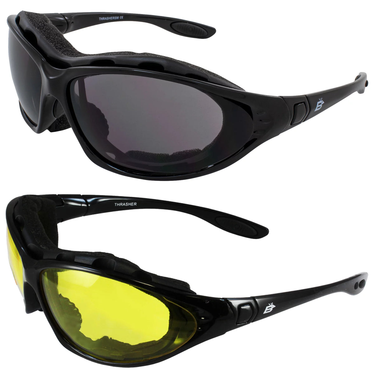 2 Pairs Padded Motorcycle Glasses Convertible to Goggles Shatterproof UV400 Black I85376
