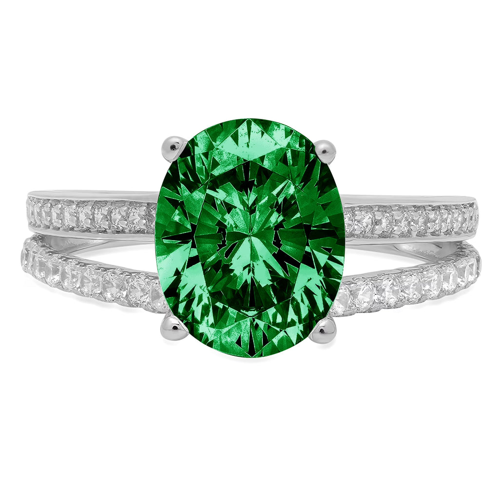 14k White Gold Oval Cut Green Simulated Emerald Ring Size 10.5 I8358