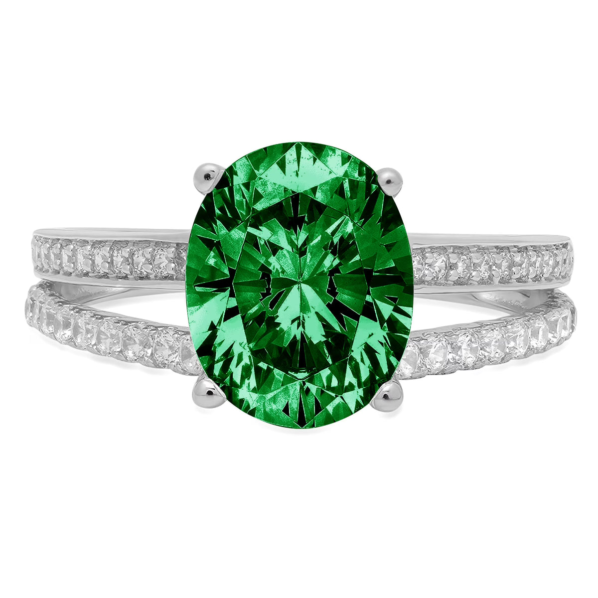 14k White Gold Oval Cut Green Simulated Emerald Ring Size 10.5 I8358