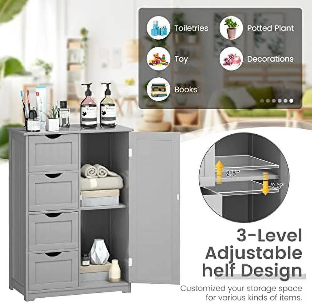 Grey Wooden Bathroom Floor Cabinet with 1 Cupboard and 4 Drawers E674956