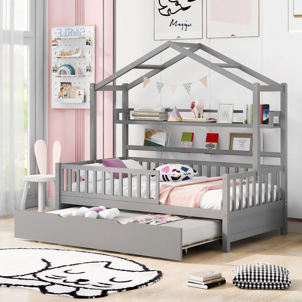 Gray Wood Twin House Bed with Trundle C228