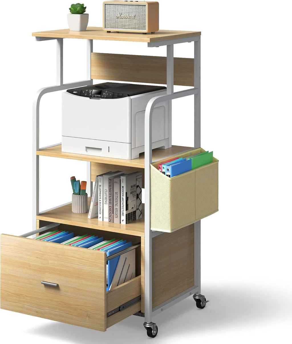 3 Tier Mobile Printer Stand with Drawer, Storage Bag, Metal Hook, Lockable Casters V2308