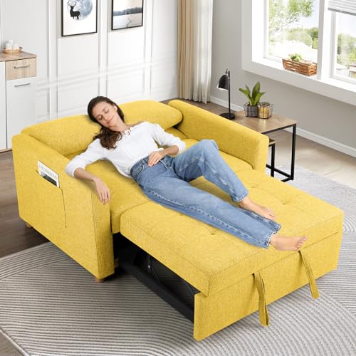 Navy Blue 2-Seater Linen Fabric Convertible Sofa Bed D392