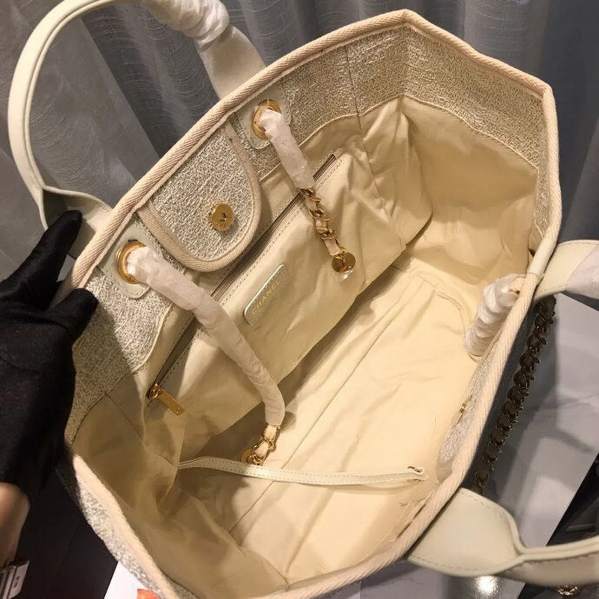 Beige Cream Tweed Canvas Tote Bag L392