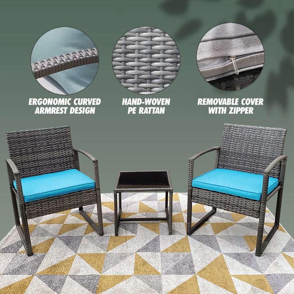 3-Piece Rattan Outdoor Furniture Set with Glass Coffee Table I539463