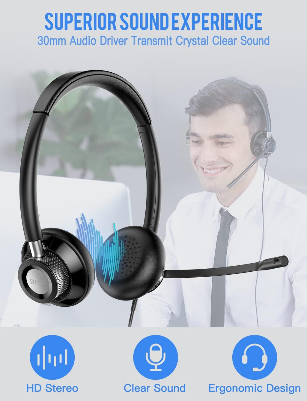 USB Headset with Rotatable Mic, Stereo Wired Headset, USB-C Adapter, Pack of 2 C1912