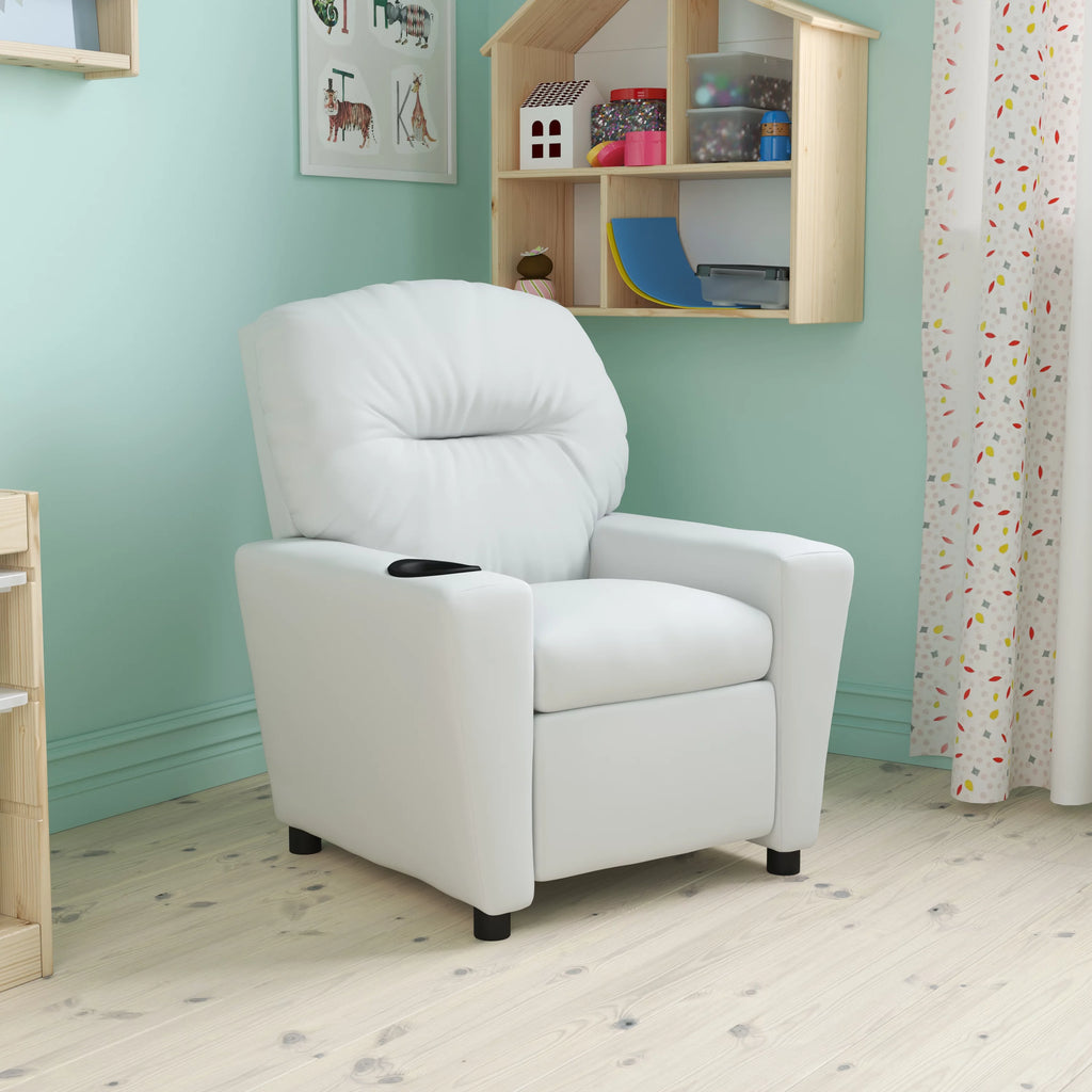 White Vinyl Kids Recliner with Cup Holder M723
