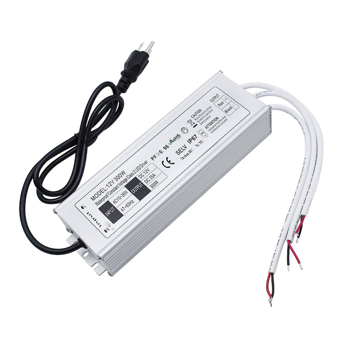 Waterproof IP67 LED Power Supply Driver Transformer 300W 110V AC to 12V DC Low Voltage Output with 3-Prong Plug P8944