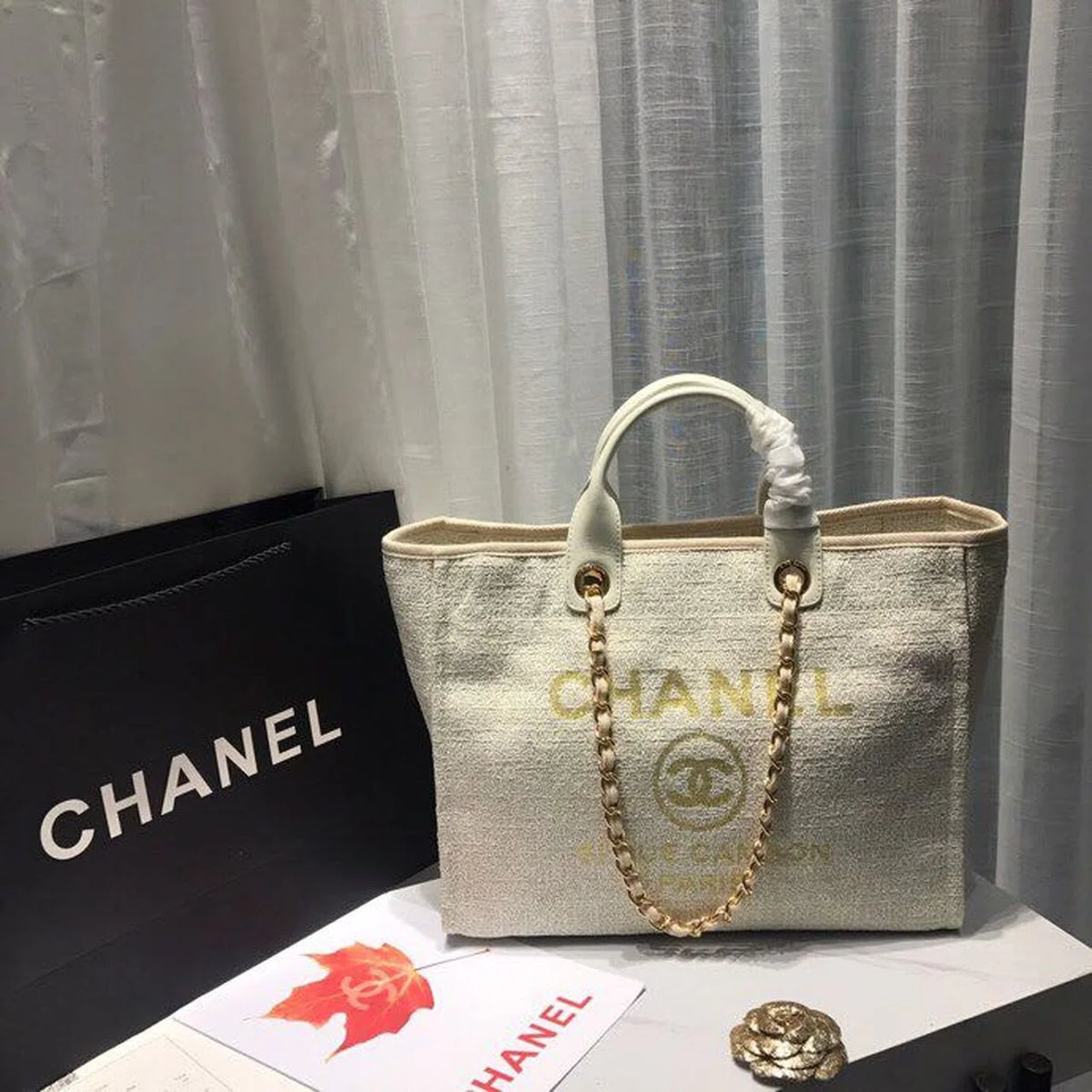 Beige Cream Tweed Canvas Tote Bag L392