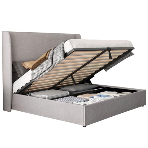 Queen Size Light Grey Linen Upholstered Storage Bed Frame P8104