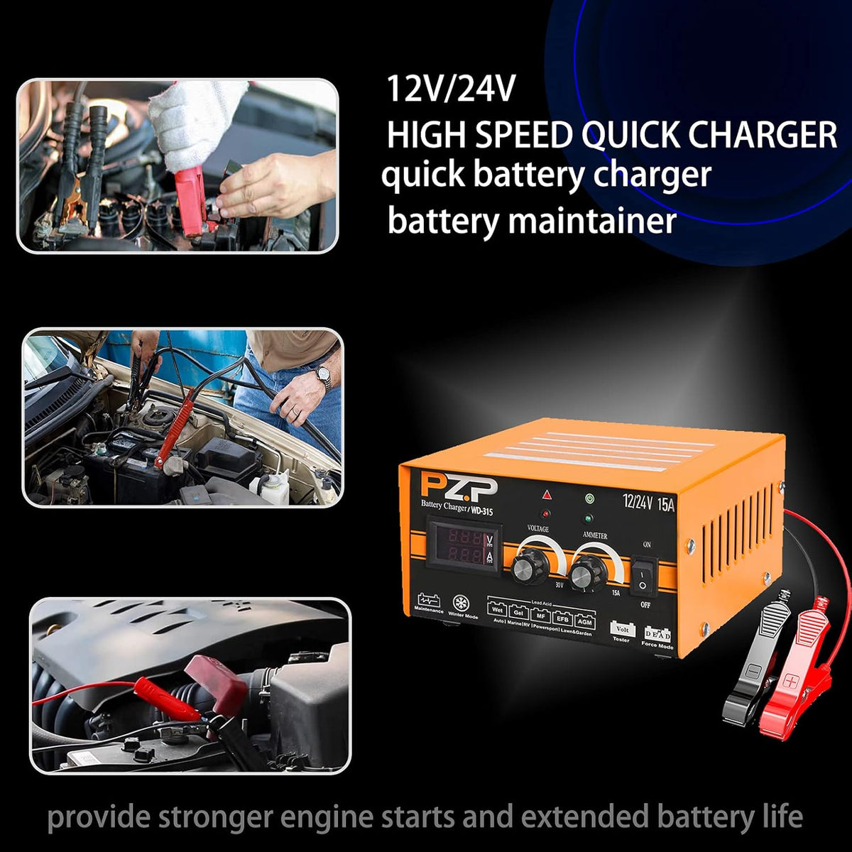 24v Battery Charger 15-Amp Automotive Car Battery Fast Trickle Charger and Maintainer 12v/15a 24v/7.5a U879
