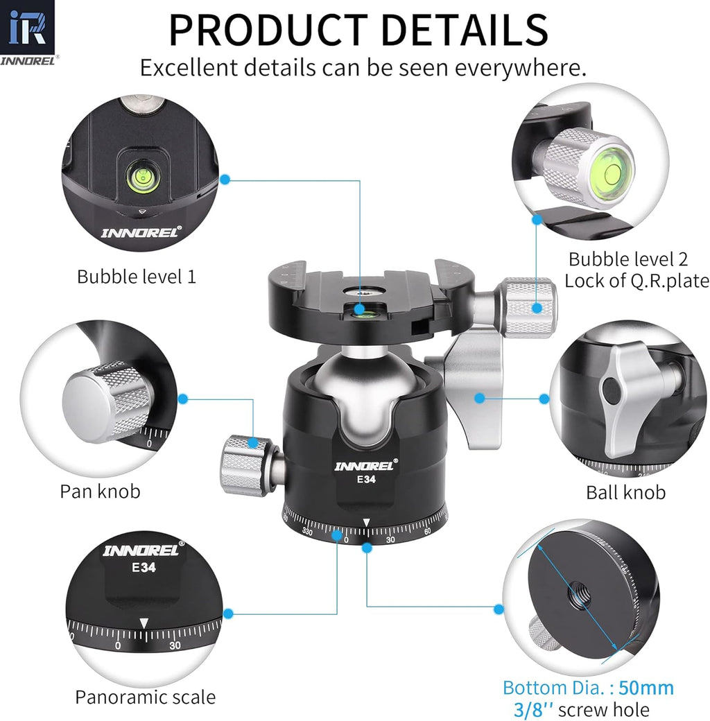Low Profile CNC Metal Camera Tripod Ballhead with 1/4 Arca Swiss Quick Release Plate, Max Load 16kg, Pack of 2 V6390