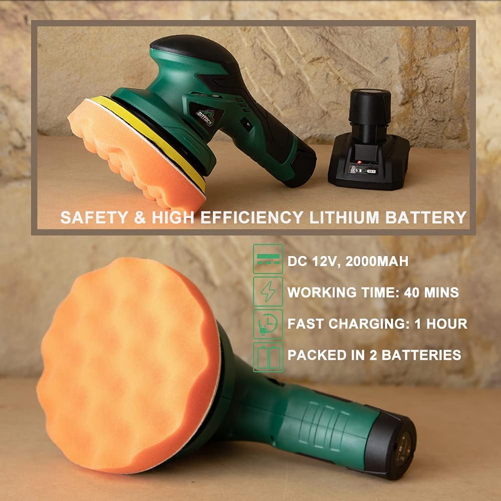 Cordless Car Buffer Polisher with 12V Lithium Rechargeable Battery Brushless Polisher with Variable Speed, 2pcs 2.0Ah Portable Buffer Kit B794