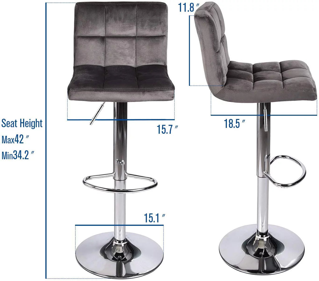 Set of 2 Gray Velvet Adjustable Swivel Bar Stool A36611