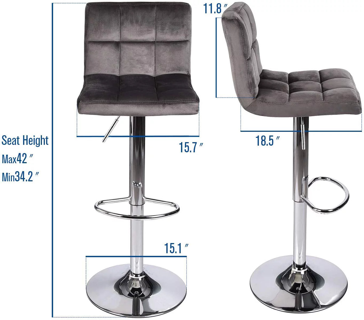 Set of 2 Gray Velvet Adjustable Swivel Bar Stool A36611