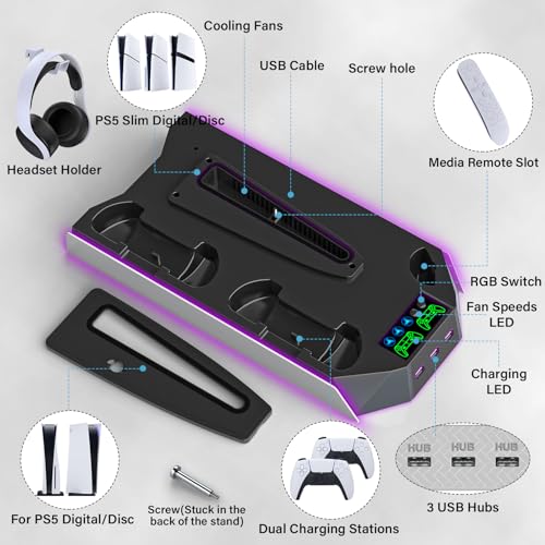 PS5 Stand and Cooling Station with Dual Controller Charging Station, White W3774