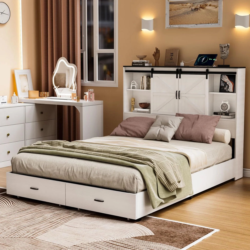 Queen Size Wooden Platform Bed Frame with Bookcase Headboard Storage K83850