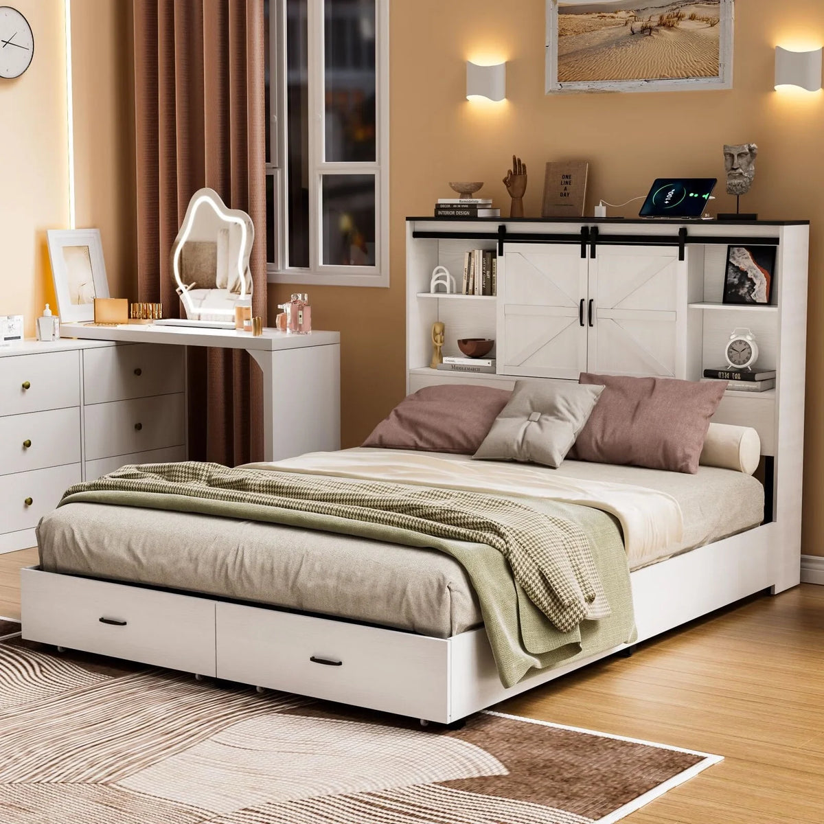 Queen Size Wooden Platform Bed Frame with Bookcase Headboard Storage K83850