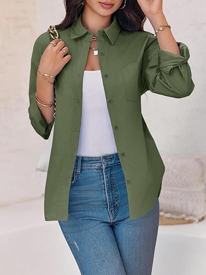 Button Down Shirts Long Sleeve Blouses with Pocket Q3505
