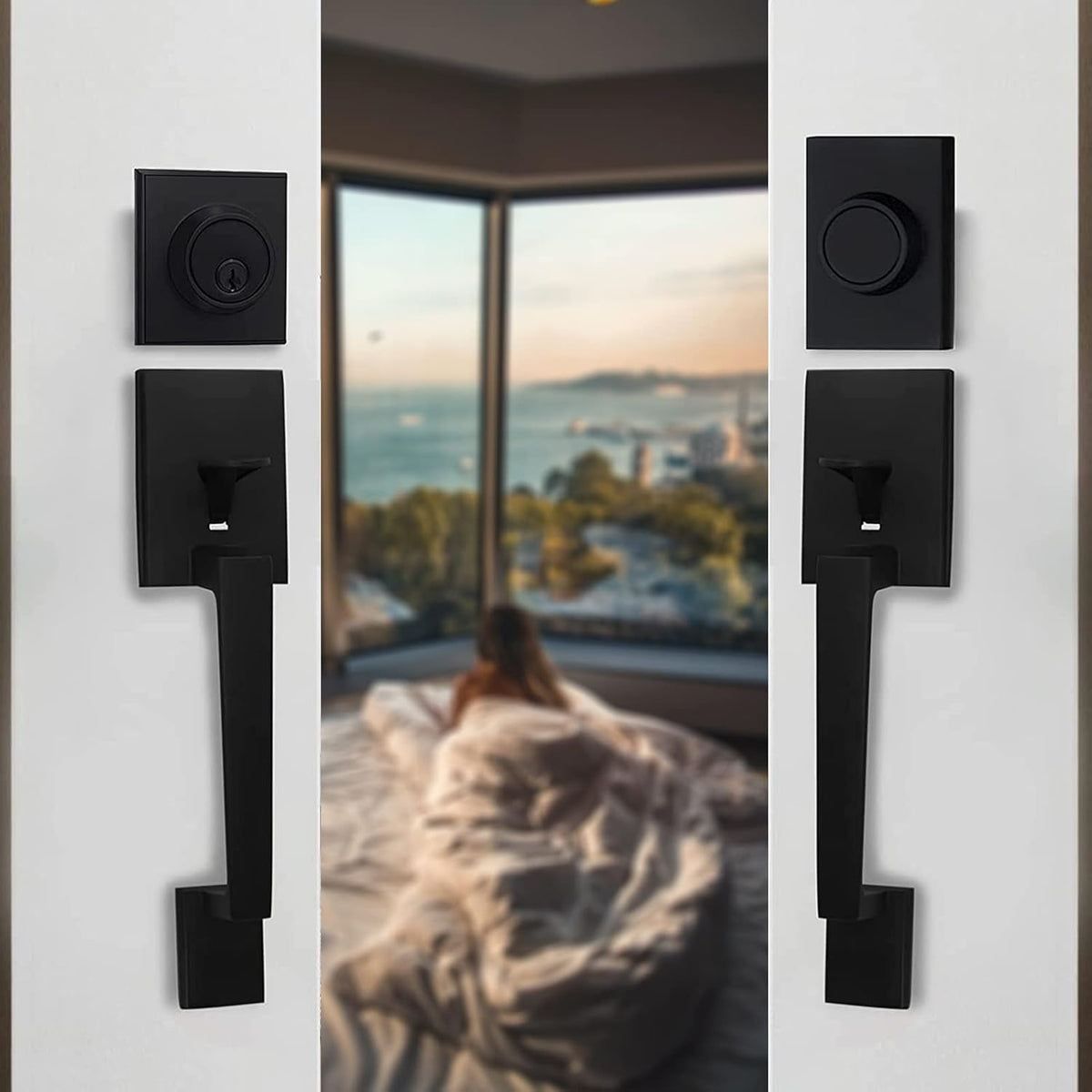 Matte Black Double Door Handleset with Keyed Entry and Dummy Handle Lever (2 Pack) U33382