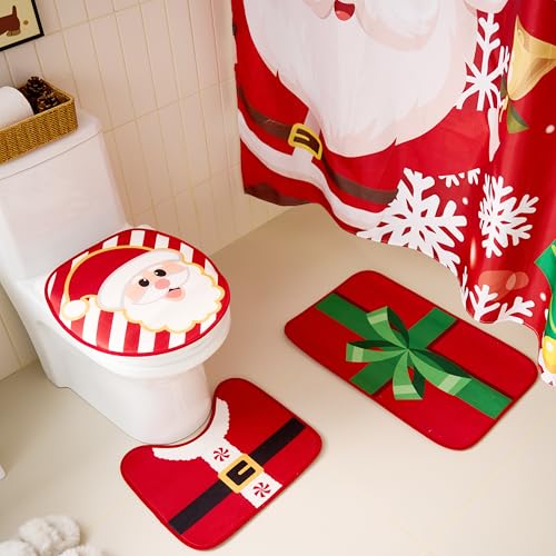 4 Pcs Christmas Bathroom Set with Shower Curtain, Bath Mat, Toilet Lid Cover, Rug & Hooks M478314