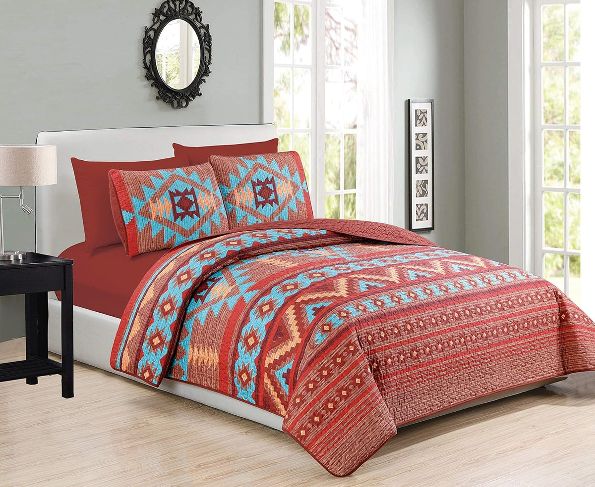 6 Piece King Bedding Quilt Bedspread And Fitted Sheet Set In Turquoise Red Orange Brown P7960