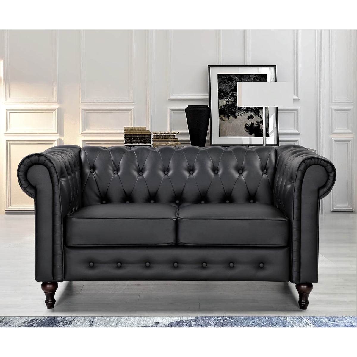 Black Faux Leather Chesterfield Loveseat I8531