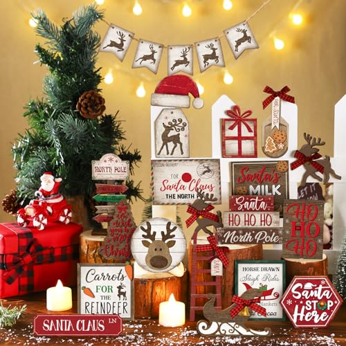24 Pcs Christmas Tiered Tray Decorations Set with 2 Tiered Tray Stand X807